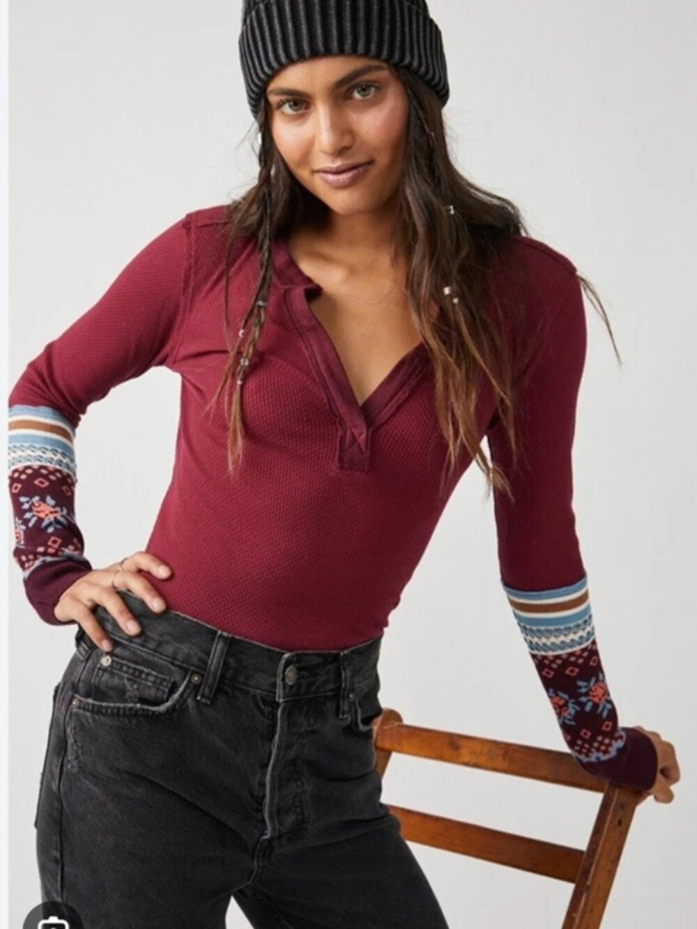 NWT Free People We the Free Mikah Layering Cuff Thermal Henley Top Shirt XS Wine